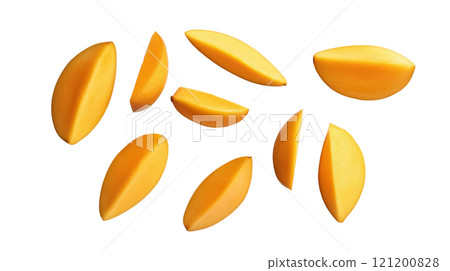 A vibrant arrangement of fresh mango slices and whole mangoes on a bright background 121200828