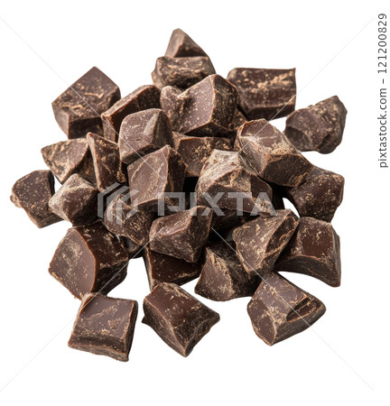 Mounds of dark chocolate chunks spread across a clean white surface for baking and desserts 121200829