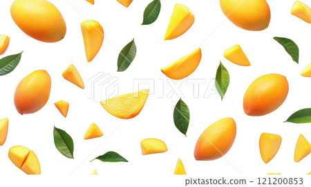 A vibrant arrangement of fresh mango slices and whole mangoes on a bright background 121200853