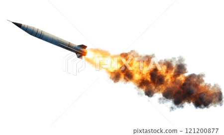 A missile launches with powerful flames and smoke against a clear background in mid-flight 121200877