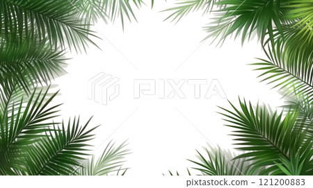 Lush green palm leaves create a tropical frame against a light background for design purposes 121200883