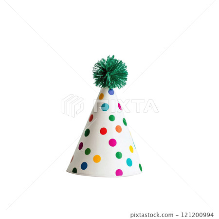 Colorful party hat with pom-pom decoration on a white background for celebrations and events 121200994