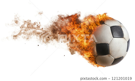 A soccer ball ignites in flames while soaring through the air in a dramatic display of power 121201019