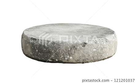 Simple round concrete object with a smooth surface on a white backdrop for design purposes 121201037