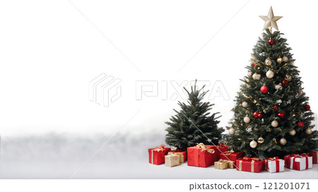 Festive decoration of a large and small Christmas tree with wrapped gifts in a cozy setting Festive decoration of a large and small Christmas tree with wrapped gifts in a cozy setting 121201071