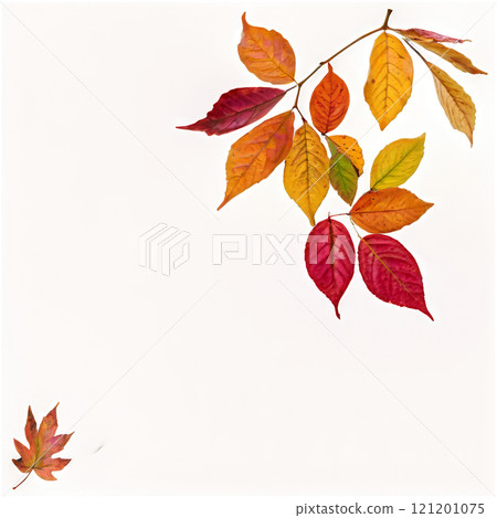 Colorful autumn leaves arranged with pebbles on a white background in a creative display 121201075