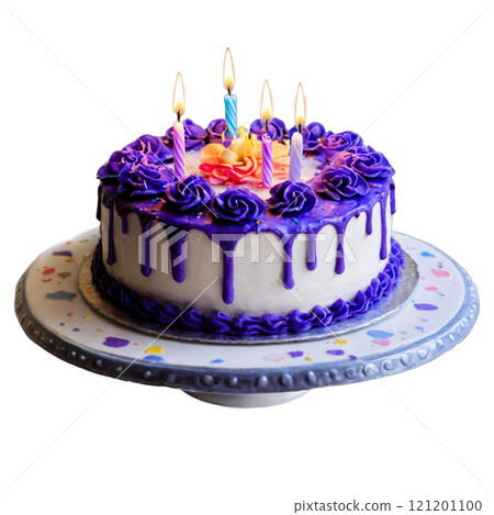 Colorful birthday cake with decorations and candles ready for celebration 121201100