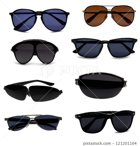 Collection of stylish sunglasses displayed on a neutral background for summer fashion trends 121201104