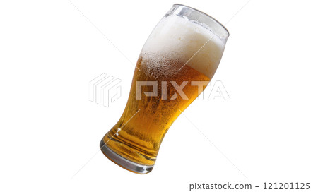 A tall glass of golden beer with a frothy head, tilted on a white background 121201125