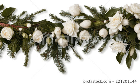 Exquisite white floral garland with greenery, perfect for wedding decorations or celebrations 121201144