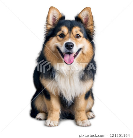 A cheerful fluffy dog poses for a portrait against a plain white background A cheerful fluffy dog poses for a portrait against a plain white background 121201164