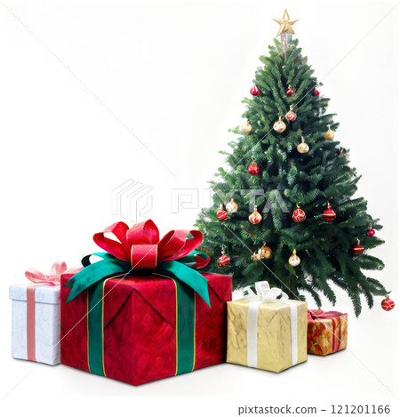 Festive Christmas tree adorned with ornaments and neatly wrapped gifts in a cozy setting Festive Christmas tree adorned with ornaments and neatly wrapped gifts in a cozy setting 121201166