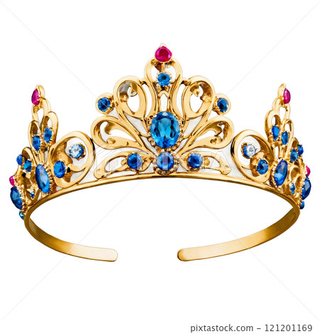 Elegant gold tiara adorned with blue and pink... - Stock  display picture 3
