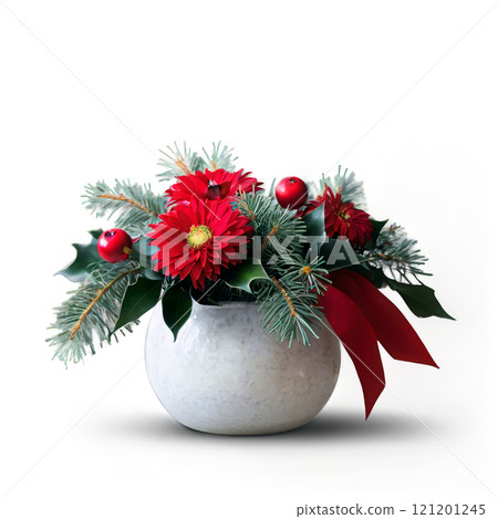 Festive bouquet featuring red roses and white flowers adorned with Santa hats for the holiday season 121201245