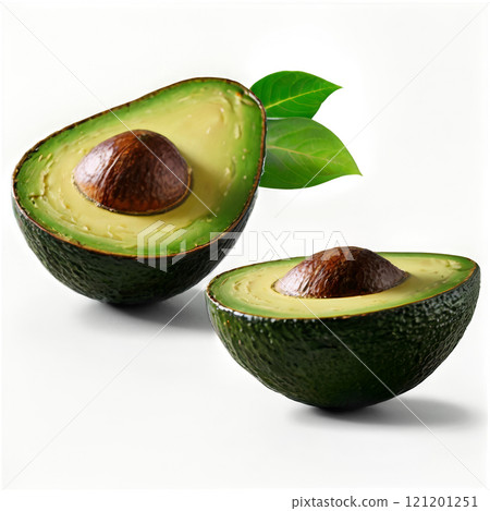 Freshly cut avocado showcasing green flesh, brown seed, and green leaves on a white background 121201251