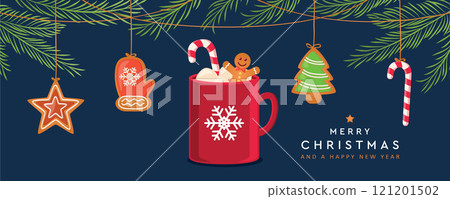 christmas card with hanging gingerbread cookies and cocoa drink vector illustration 121201502