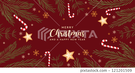 christmas greeting card with fir branches gingerbread star and candy cane vector illustration 121201509