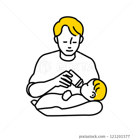 Illustration of a man raising a child. Feeding milk to a baby. A man on parental leave. 121201577