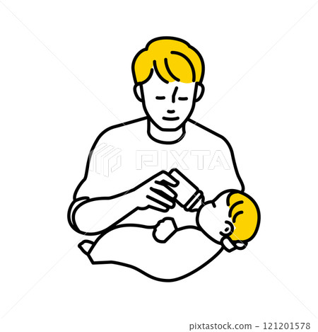 一個撫養孩子的男人餵嬰兒的插圖。一名休育嬰假的男子。 一個撫養孩子的男人餵嬰兒的插圖。一名休育嬰假的男子。 121201578