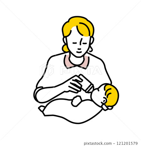 Illustration of a woman feeding her baby. On childcare leave. 121201579