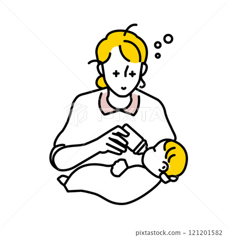 一名婦女給嬰兒餵奶的插圖。目前正在休育嬰假。晚上哺乳。厭倦了撫養孩子。 121201582