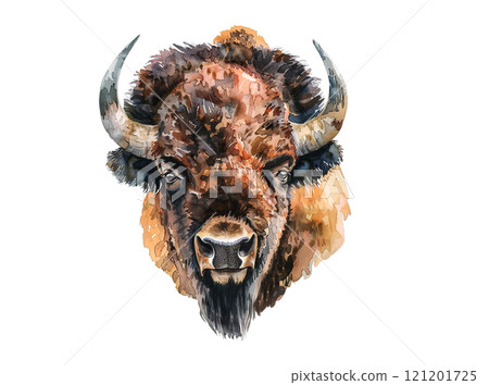 Watercolor illustration of a bison's head with bold, expressive brushstrokes and earthy tones, creating a rugged yet artistic depiction of the powerful animal. 121201725