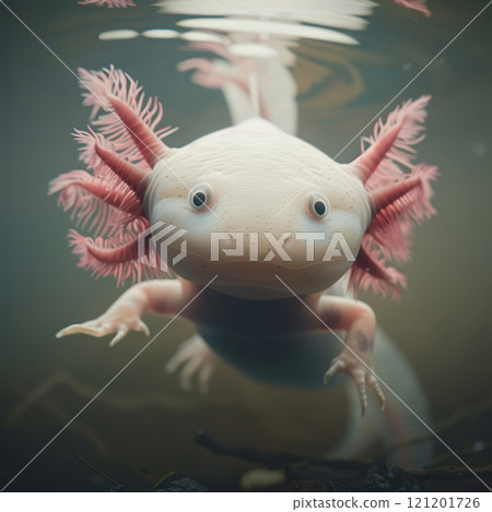 Close-up of a cute axolotl in water, showcasing its pink feathery gills and curious expression. Captures the charm and unique features of this amphibian. 121201726