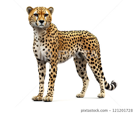 A realistic full-body depiction of a cheetah standing on a white background, showcasing its distinctive spotted coat and athletic build. Wildlife Animals. 121201728