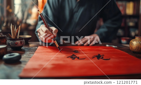 Artist practicing Chinese calligraphy with a brush on vibrant red paper. Asian art, Chinese New Year 121201771