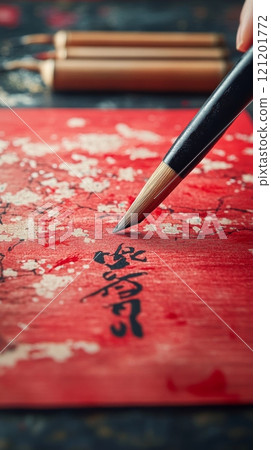 Detailed vertical shot of calligraphy brush working on red paper with white cherry blossom patterns 121201772