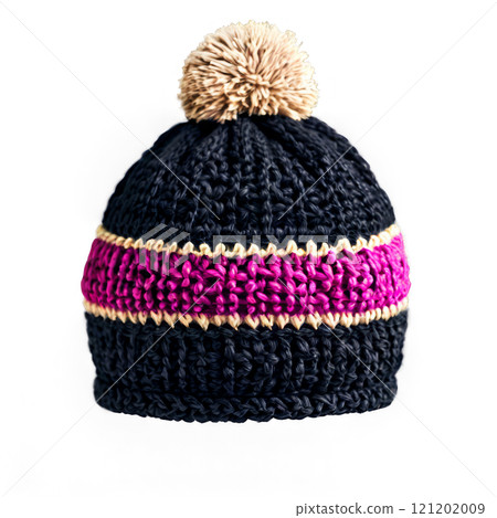 Cozy knitted beanie with pom-pom design and contrasting colors, perfect for winter wear Cozy knitted beanie with pom-pom design and contrasting colors, perfect for winter wear 121202009