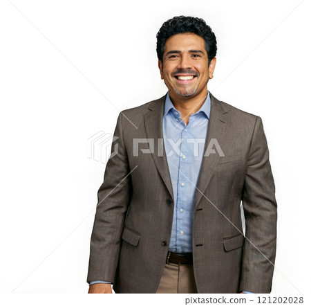 Confident young man in a tailored suit standing against a plain background 121202028