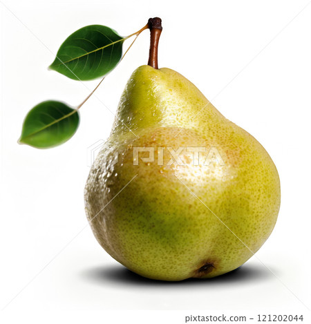 Fresh green pear with leaves resting on a white background under soft lighting 121202044
