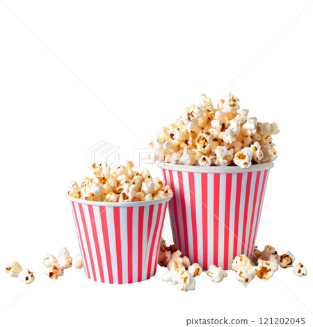 Freshly popped popcorn in a red and white cup on a plain background 121202045