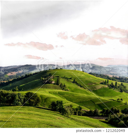 Rolling green hills under a cloudy sky in a serene rural landscape during early morning 121202049
