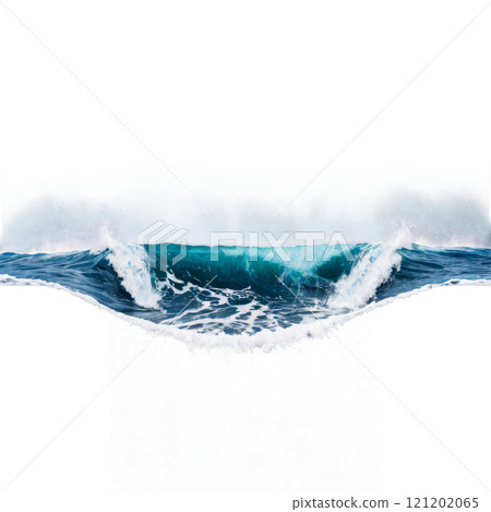 Vivid turquoise ocean waves crashing against rocky shoreline under bright sunlight 121202065