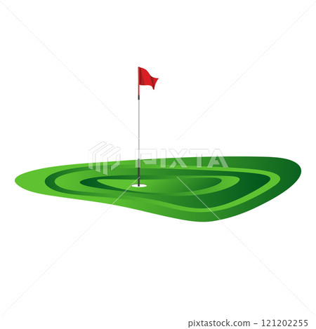 illustration graphics a golf green with a red flag with a white pole with a small dimple pattern in the hole against a light gray background with isolated white background illustration graphics a golf green with a red flag with a white pole with a small dimple pattern in the hole against a light gray background with isolated white background 121202255