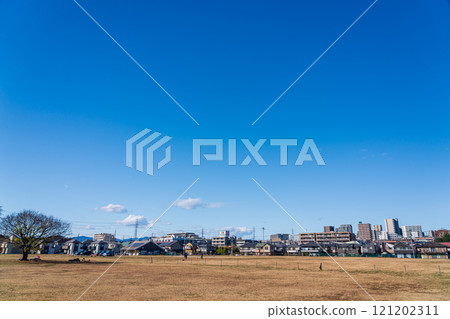 A residential area surrounded by a large park under clear blue skies A residential area surrounded by a large park under clear blue skies 121202311