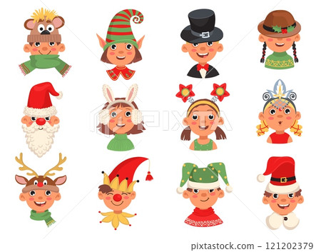 Cartoon heads with Christmas hats. Funny kids in winter party accessories. Boys or girls portraits in holiday headwear. Carnival costume. New Year masquerade. Santa cap. Splendid vector set Cartoon heads with Christmas hats. Funny kids in winter party accessories. Boys or girls portraits in holiday headwear. Carnival costume. New Year masquerade. Santa cap. Splendid vector set 121202379