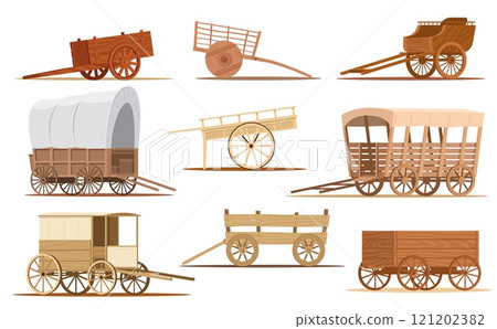 Cartoon wooden wagon. Vintage vehicle. Old western carriage with big wheels. Covered tent wheelbarrow. Stagecoach trip. Cargo or passenger transportation. Vector antique transport set Cartoon wooden wagon. Vintage vehicle. Old western carriage with big wheels. Covered tent wheelbarrow. Stagecoach trip. Cargo or passenger transportation. Vector antique transport set 121202382