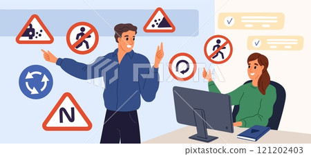 Driving school classes. Woman teaches traffic rules and road signs. Teacher explains material to student. Transportation theory studying. Car driver education. Garish vector concept 121202403