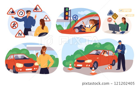 Driving school students. People learn to drive car and follow rules. Obtaining drivers license. Learners working with instructor. Auto traffic exam. Education course. Garish vector set 121202405
