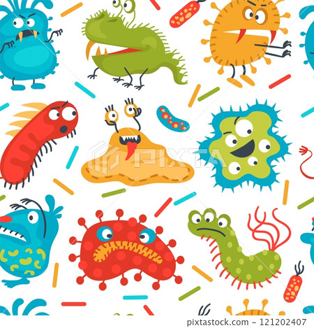 Funny bright bacteria seamless pattern. Germ characters. Repeated print. Viruses and microbes. Unicellular organisms. Disease pathogen. Microscopic monsters. Splendid vector background Funny bright bacteria seamless pattern. Germ characters. Repeated print. Viruses and microbes. Unicellular organisms. Disease pathogen. Microscopic monsters. Splendid vector background 121202407