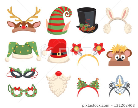 Funny Christmas hats. Happy New Year headwear. Holiday party props. Rabbit headbands. Santa caps. Xmas photo booth masks. Carnival costume accessory. Reindeer horns. Splendid vector set 121202408