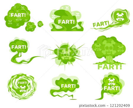 Green toxic fart. Stink smoke. Bad smelly acid clouds. Comic cartoon aroma puff with descriptions. Skull with bones. Poison evaporation. Rotten odor miasma. Deadly stench vapors vector set Green toxic fart. Stink smoke. Bad smelly acid clouds. Comic cartoon aroma puff with descriptions. Skull with bones. Poison evaporation. Rotten odor miasma. Deadly stench vapors vector set 121202409