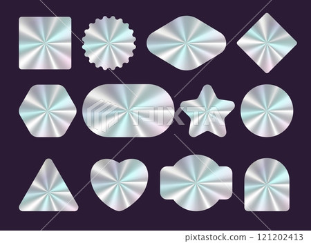 Holographic stickers mockup. Different shape labels. Radial shine. Metallic gradient tags. Iridescent stamps. Product guarantee designs. Polished surface. Vector blank silver badges set Holographic stickers mockup. Different shape labels. Radial shine. Metallic gradient tags. Iridescent stamps. Product guarantee designs. Polished surface. Vector blank silver badges set 121202413