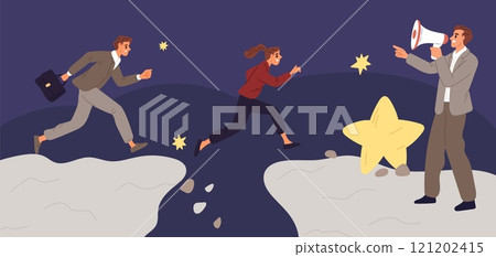 Man with megaphone hurries employees. Businessman cheers and raises morale of his colleagues. People running and jumping over precipice. Overcoming obstacles. Garish vector concept 121202415