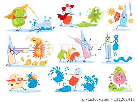 Medicines against viruses. Antibiotic fight evil germs. Cartoon microbes and injections. Pharmacy pill characters and illness pathogen cells battle. Vaccine syringe. Splendid vector set 121202416