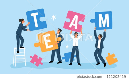 Office staff assemble puzzle. Well coordinated teamwork. Employees solving common problem. Business people working together. Collogues cooperation. Team building. Garish vector concept Office staff assemble puzzle. Well coordinated teamwork. Employees solving common problem. Business people working together. Collogues cooperation. Team building. Garish vector concept 121202419