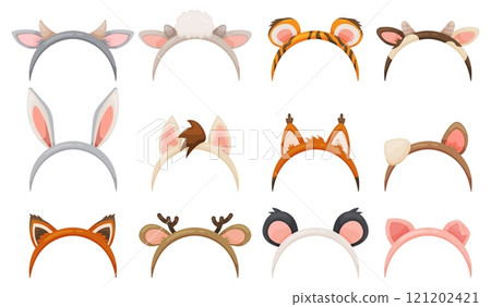 Party animal headbands. Cute kids headwear. Different ears and horns. Photo booth props. Tiger and rabbit. Birthday costume. Holiday accessory. Portrait zoo elements. Recent vector set 121202421